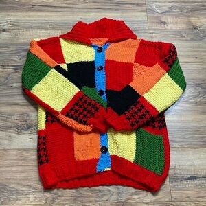Women’s Colorful Hand Knitted Square Designed Button Up Sweater